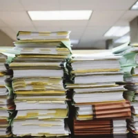 Stacked paper files in a chaotic mess, waiting to be sorted.